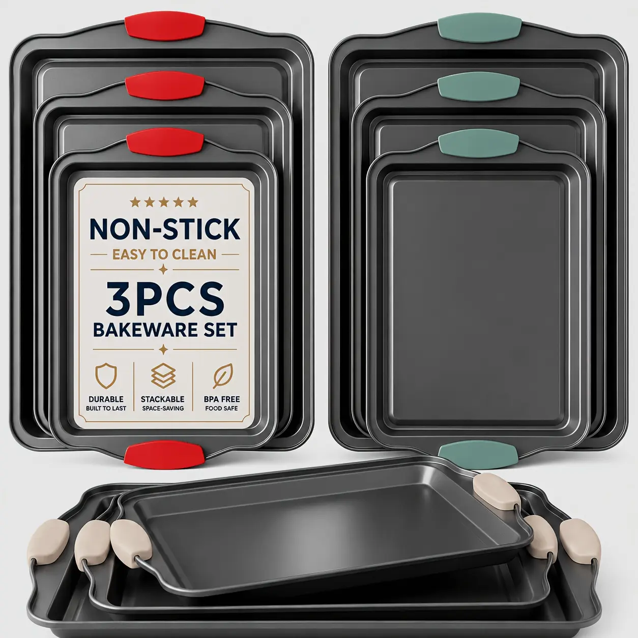 3pcs Nonstick Carbon Steel Oven Baking Pans Set With Detachable Silicone Handles, Premium Non-Stick Steel Bakeware Set, Commercial Grade Restaurant Quality Rimmed Sheets, Easy-Clean Baking Trays For Cookies, Pizza, Cake & Home Kitchen Use