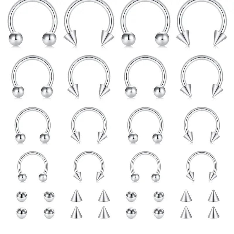 16pcs/set Unisex Punk Style Stainless Steel Nose Rings & Lip Rings, Septum Piercing, Rivet & Beaded Design Nose Rings, Fashionable Versatile Body Jewelry for Men & Women, Body Piercings