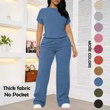 Women's Solid Shortsleeve Crewneck Ribbed Top & Wide Leg Pants Minimalist Casual Fitted Fashion Cozy Top & Trousers for Daily Outdoor Wear Ladies Clothes for Summer Womenswear Yoga Clothes Set Black Batwing Suits Suits Gamis,sohochic