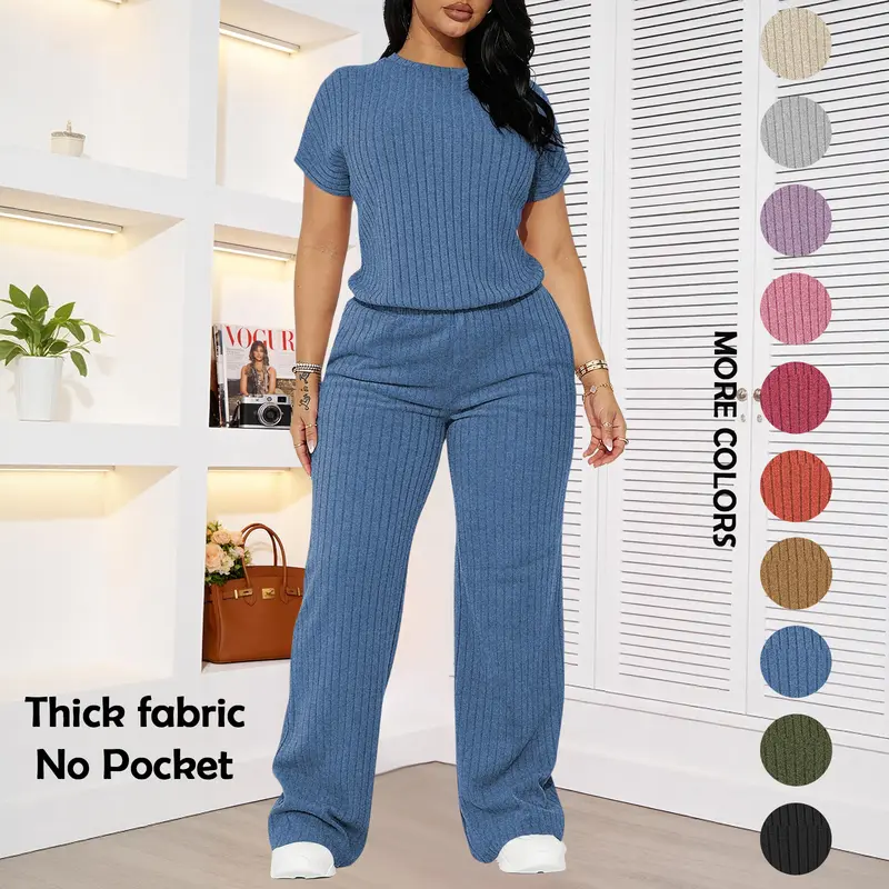 Women's Solid Shortsleeve Crewneck Ribbed Top & Wide Leg Pants Minimalist Casual Fitted Fashion Cozy Top & Trousers for Daily Outdoor Wear Ladies Clothes for Summer Womenswear Yoga Clothes Set Black Batwing Suits Suits Gamis,sohochic