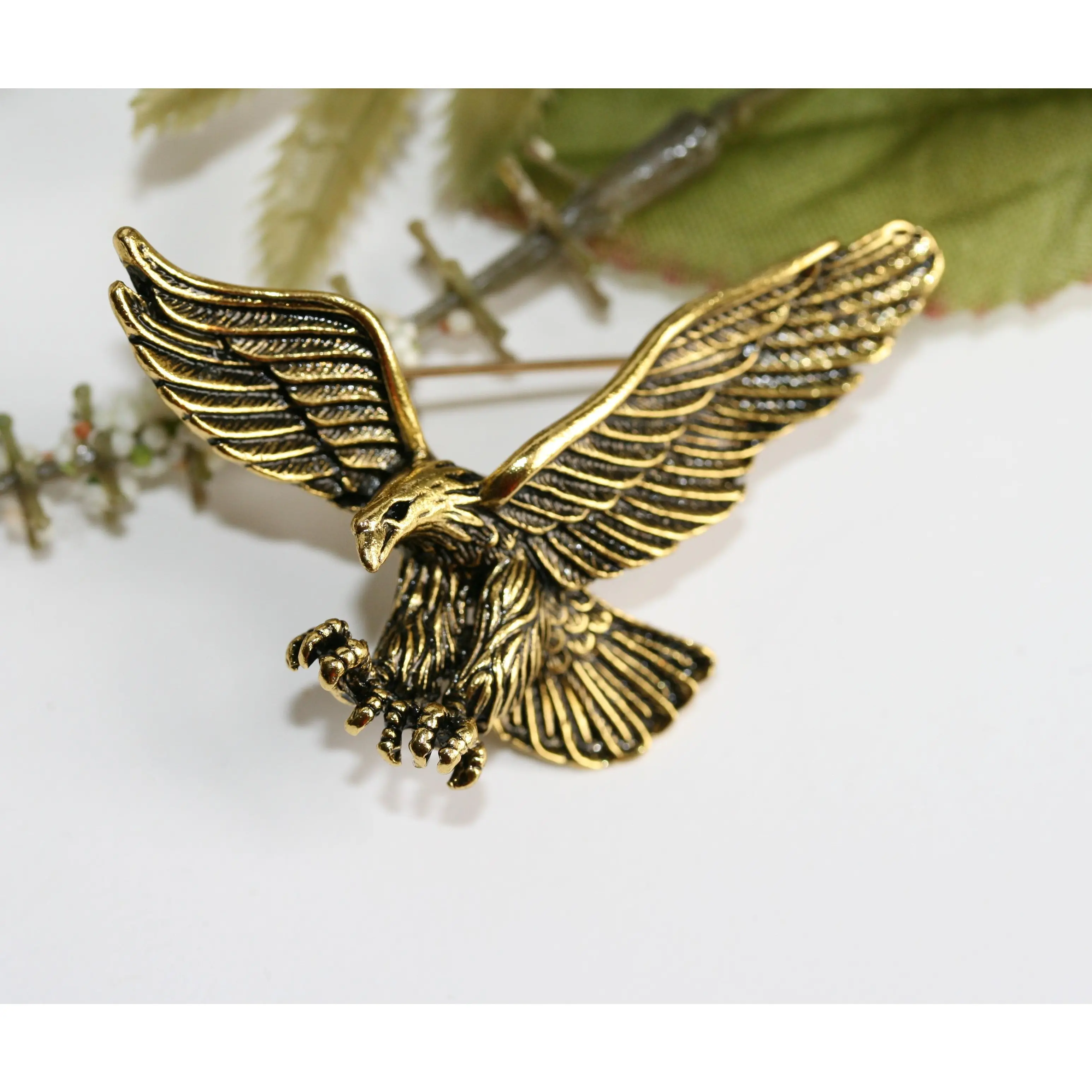 Vintage look gold plated flying eagle brooch  Gold Flying Eagle Pin Antique Eagle Pendant
