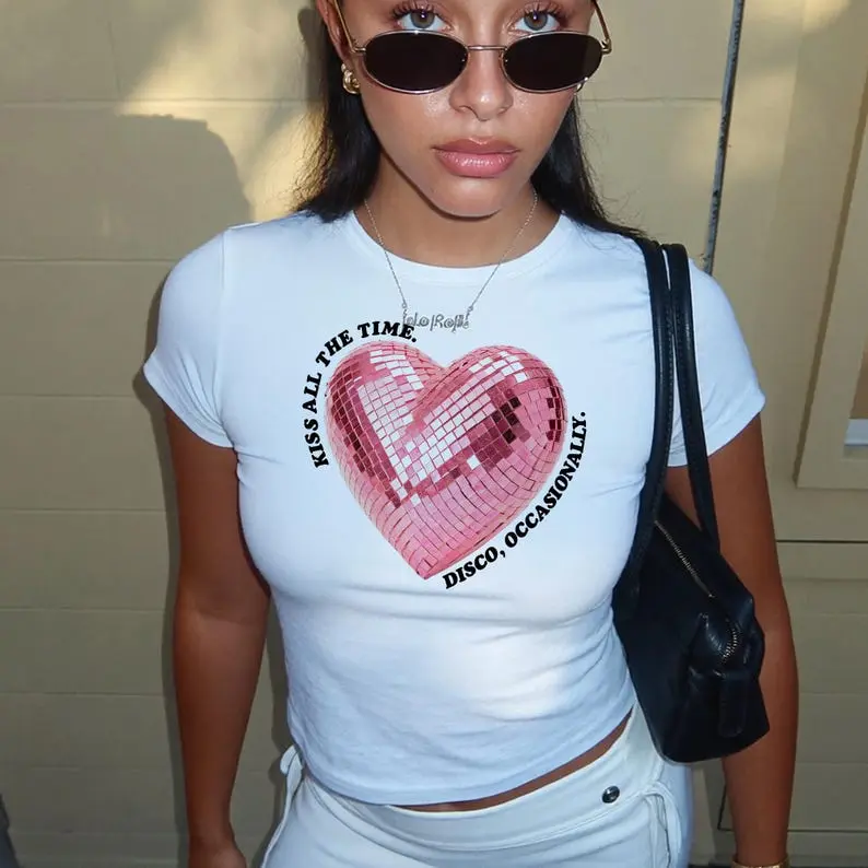 Disco Heart Baby Tee Kiss All The Time Harry Styles Y2K Aesthetic Crop Top Disco Ball Heart Top Slogan Shirt Cute Concert Outfit