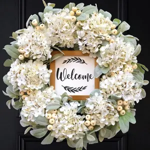 Artificial Door Wreath 22 Inch, Spring/Summer Wreath with Hydrangeas Lamb's Leaves Berries Welcome Board for Holiday Farmhouse Home Indoor Outdoor Wedding Party Wall Window Decor