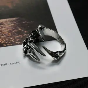 Vintage Ancient Silver Skull Claw Ring | For Guys! Open Adjustable, Bold Dragon & Eagle Claw dark aesthetic ring