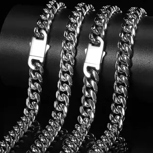 Titanium Stainless Steel Cuban Chain Hip Hop Necklace - 6mm,8mm,10mm,12mm,14mm Sizes, Casual Trendy Jewelry Accessory