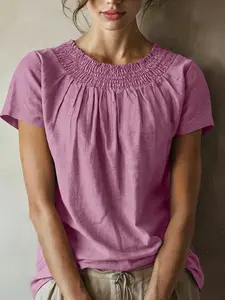 New Women's Lavender Drawstring Neck Top, Short Sleeve Ruched Loose Fit T-Shirt, Simple Boho Bohemian Style, Lightweight Summer Casual Shirt