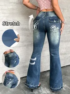 Women's Y2K Embroidered Flare Jeans, Vintage Wash Bootcut Denim Jeans, Elegant Fashion 90s Style, Long Regular Fit, Drop Waist, Pants