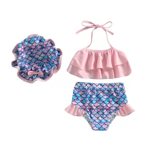 Toddler Girl Swimsuit Baby Bikini Bathing Suit Ruffle Swimwear with Hat Pool Beach for 9M-4T