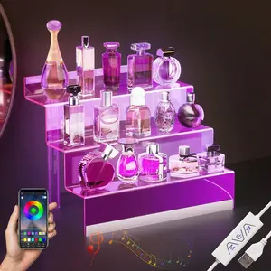 12" Acrylic Display Organizer with LED Light - 3 Tier Perfume Stand and Display Step Shelves Holder, Cologne Organizer for Men, Figures Stand, Porta Perfumes Para Tocador, Clear Riser, Dessert Shelf