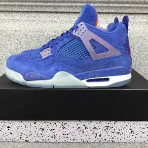 Soft Premium Suede Leather Mesh Vent High Top Basketball Sneakers, Vibrant Royal Blue Upper Orange Speckle Splatter Interior Lining Translucent Off White Visible Air Foam Cushion Midsole Clear Rubber Outsole Unisex Retro Court Trainers