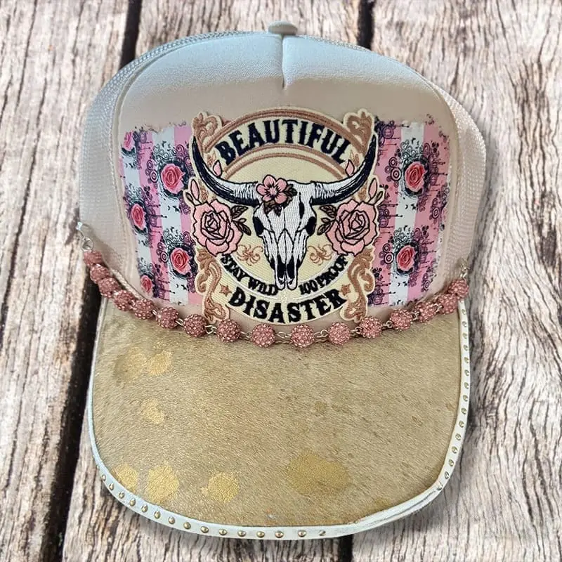 Beautiful Disaster Handmade Trucker Hat w/ Genuine Cowhide Brim