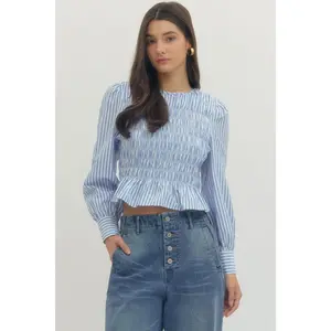 Smocked Pinstriped Blue Top
