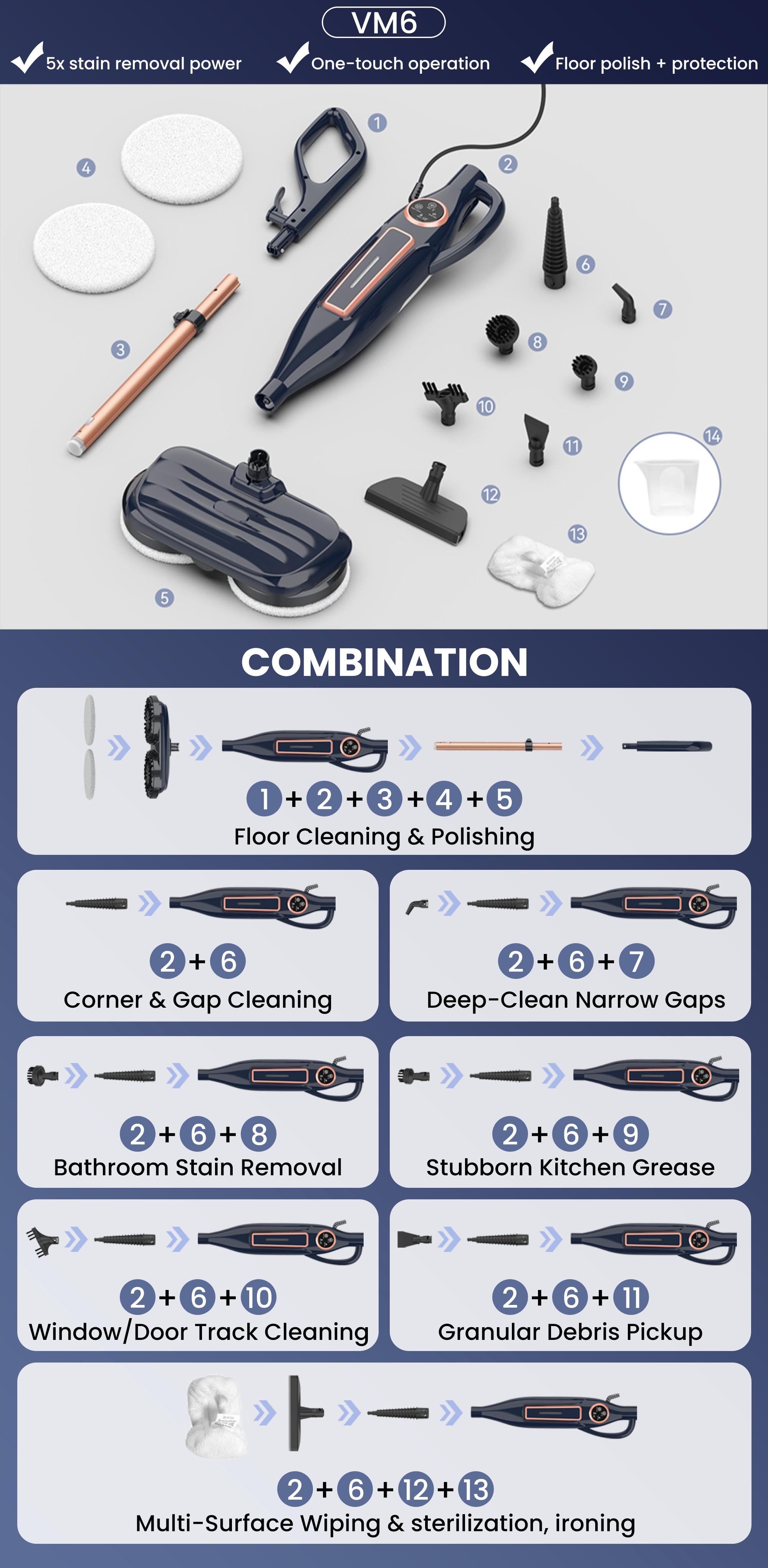 [FebFaves]DEVOAC 10-in-1 Electric Steam Mop with Detachable Handheld Steamer Lightweight for Walls Floors,Tiles Tackles Grease&Sticky Messes,Steam Cleaner For House, Multi-Accessories Portable Cleaning