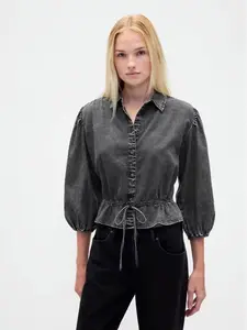 Denim Tie-Waist Top - Oversized Fit Slightly Cropped Black Wash Balloon Sleeves Elasticized Waist Tie Detail Button Front Washwell Program