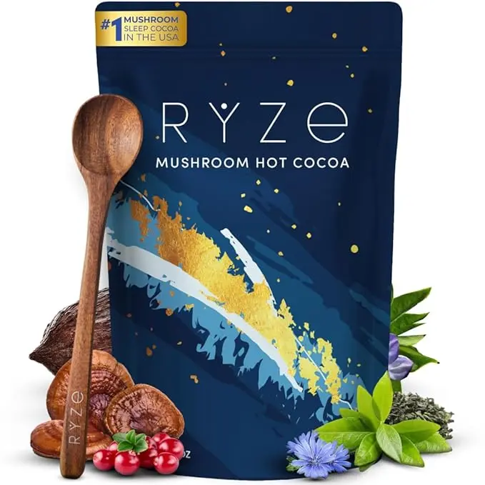 RYZE Mushroom Hot Cocoa with Melatonin, Reishi & L-Theanine, 20 Servings | Nighttime Cacao Drink Mix, Supports Relaxation & Immunity, Gluten Free, Vegan, and Dairy Free