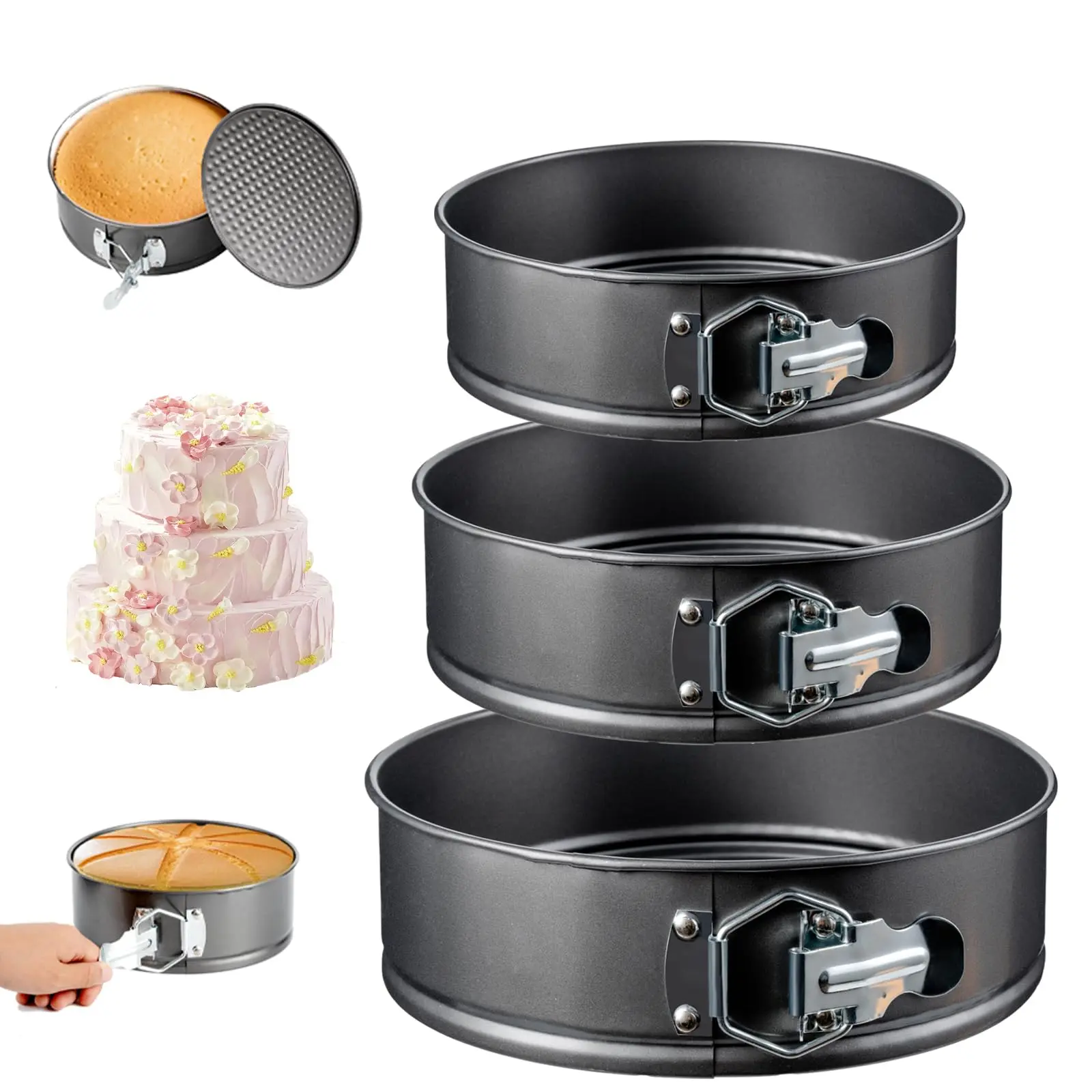 Springform Cake Pan Set – 3 Piece Nonstick 7, 8, 9 Inch Round Cheesecake Pans for Baking, Leakproof Cake Molds for Mousse, Birthday Layer Cakes, Quiche, Pizza & More