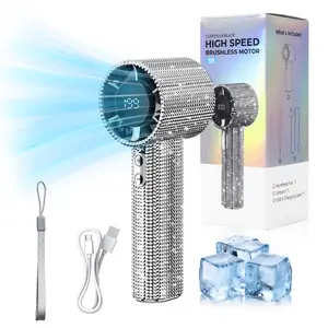 Diamond Fan Luxury Shiny Portable Handheld Turbo Fan, Rechargeable, Long Battery Life, Handheld Fan with Digital Display, for Outdoor Activities, Travel, Office, Powerful Boost Output, Long-Distance Airflow