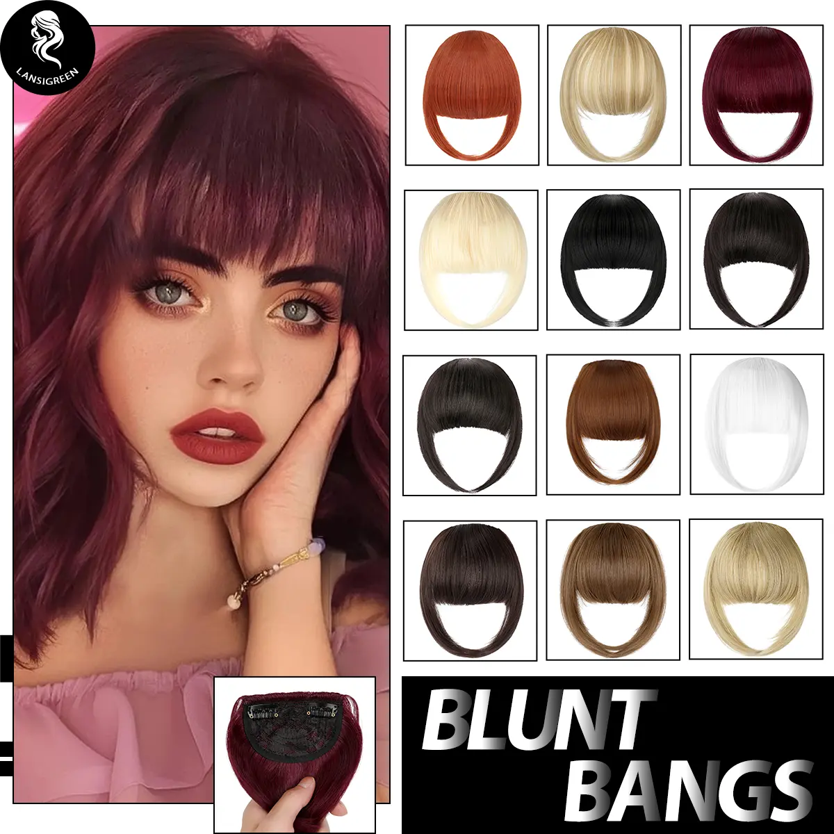 Lansigreen Women's 2-Clip Clip-In French Bangs Hair Extensions, Thick Straight Cut Synthetic Straight Hairpieces, Blonde Synthetic Extensions & Pieces for Daily Party Use