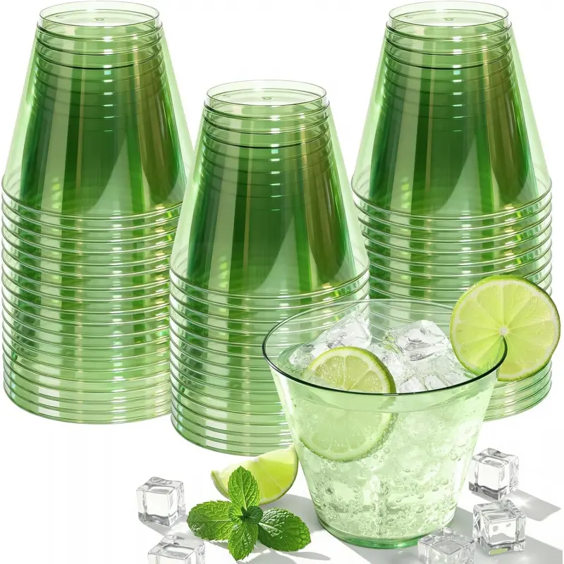 9 oz Clear Plastic Cups Green Plastic Disposable Cups for Cocktail 50 Pack Fancy Cocktail Cup for Party Stemless Wine Glasses for Mother's Day Party Wedding Graduation Birthday