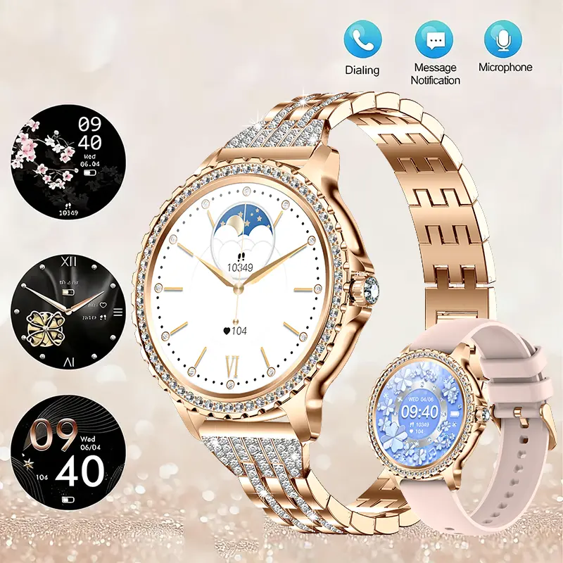IP68 Rose Gold Women’s Smart Watch with Sparkling Diamond Dial & Diamond-Studded Strap, 1.32” HD Full Touchscreen, Bluetooth Call, Sleep Tracker, 100+ Sport Modes, AI Voice Assistant, Extra Strap, Android
