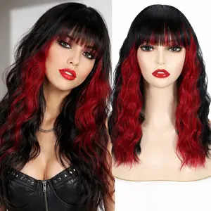 BEFUNNY Black and Red Bob Wigs 14 Inch Short Wavy Bob Wig with Bangs Shoulder Length Women's Wigs Highlight Pastel Synthetic Hair Wig Cosplay Wig for Colorful Wigs Daily Party