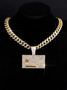 1pcs Street Punk Iced Out Blingbling Cuban Chain Necklace, Card Pendant for Men & Women, Hip Hop Jewelry Accessory Perfect for Festivals & Daily Wear, Cuban Link Design, Iced Out Chains