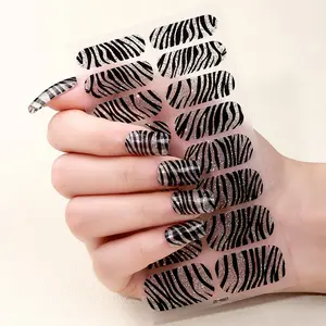 16 Tips Shiny Zebra Print Nail Polish Strips, Self-Adhesive Glitter Nail Stickers, DIY Home Manicure Kit for Women, Nail Decoration