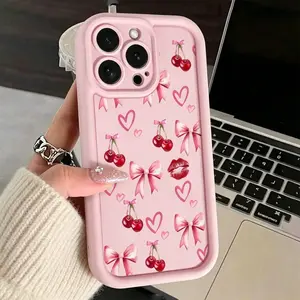Cherry Bow Lip Print iPhone cases Case Compatible with iPhone 17 Pro Max 16 16E 15 14 Plus 13 Mini 12 Mini 11 Air X XS Max Pattern TPU Lens Protection Durable Soft Cover Valentine's Day Gift iPhone  case