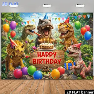 2D Flat Banner 1pc, Dinosaur Theme Birthday Party Banner Background - Jungle Dinosaur Birthday Theme Featuring Various Dinosaur Designs Paired with Colorful Balloons Birthday Cake Gift Boxes Triangular Flags and Confet