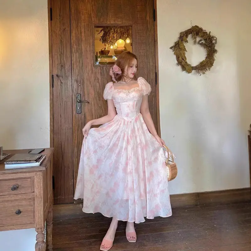 Square Neck Pink Fairy Dress, 2025 Summer New French Court Retro Puff Sleeve Midi A-Line Square Neck Pink Fairy Dress, 2025 Summer New French Court Retro Puff Sleeve Midi A-Line