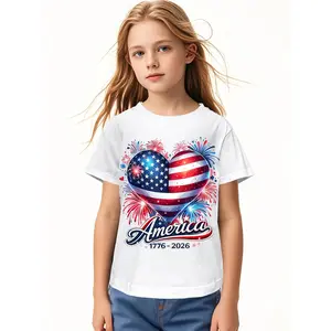 Boys & Girls 250th Birthday July 4th T-Shirt - Soft Breathable Flag Heart 1776 Design, Round Neck Short Sleeve Tee Suitable for Kids, Lightweight  Outfit for Birthday Parties,  Attire & July 4th casual holiday unisex outdoor fashion streetwear regular fit