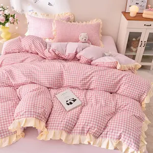3Pcs Soft Washed fabric, Plaid Ruffled Bedding Set(including 1Pcs duvet cover and 2Pcs pillowcase, without padding), Comfortable, Skin friendly Suitable for Student Dormitory Bedrooms