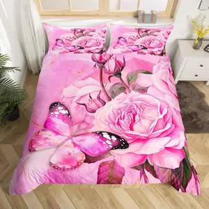 Feelyou Pink Rose Floral Luxury Butterfly Decorative Duvet Cover - Botanical Pattern Bedroom Bedding Set, Romantic Blossom Flowers Quilt, Modern Decor Valentine's Day Bedspread (No Comforter)