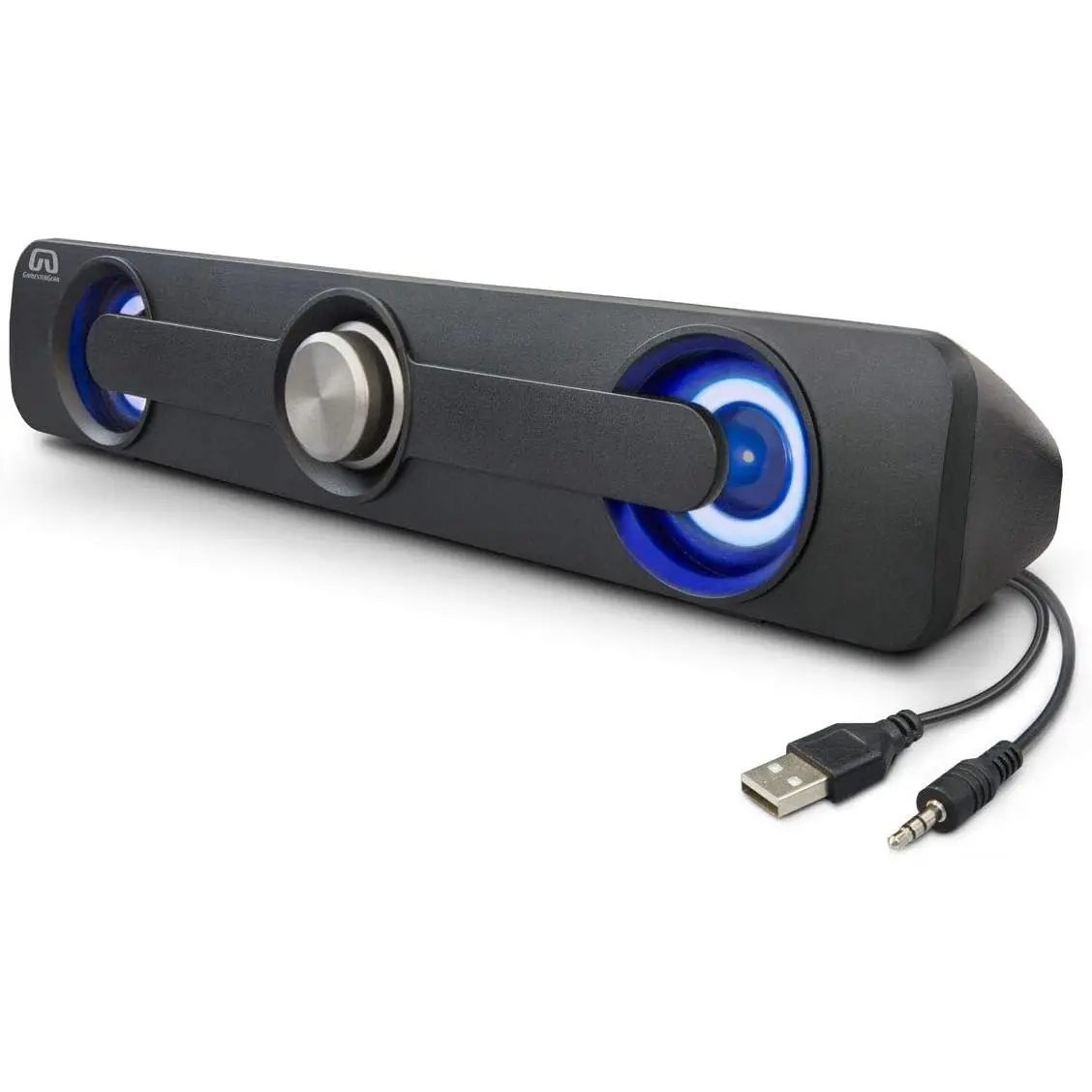Mini Soundbar Speaker - USB-Powered Compact Electronic Soundbars with USB Port, Blue LED Lights, 3.5mm Wired 2.5W Output, 12.5*2in Size, Portable Stereo for Computer & Laptop Daily Use, Watts