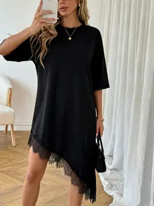 Elegant Lace Trim Loose-Fit Round Neck Dress, Satin Feel, Perfect for Weekend Outings, Women's Fashionable Dress