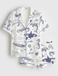 Sea Animal Ocean Nature Sealife Ocean Whale Orca Turtle Dolphin Short Sleeve Satin Pajama Set, Women’s Marine Dream Pajama Set