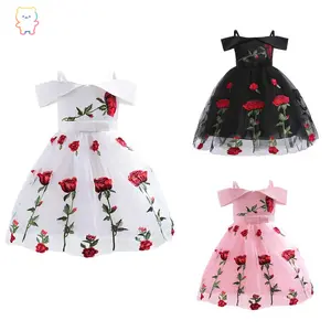ASD-2-10t Toddler Girls Princess Dress Off The Shoulder Evening Rose Print Dress Gauze Dress One Piece Party Feast Dress ZT-2910