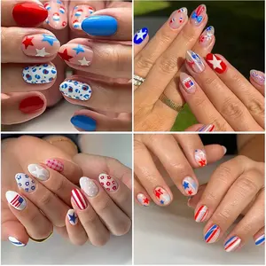24pcs American Independence Day Nail Art, Leopard Print Flag Bikini Star Medium Long Square Press-On Nails, Flower Nails, Festival Holiday Essential DIY