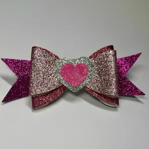 Ruby Bowtique Pink Heart Glitter Faux Leather Bow Clip On Bow for Stylish Hair Accessories