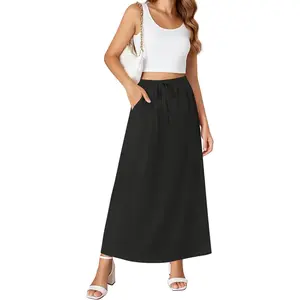 Womens Maxi Skirts High Waisted Adjustable Elastic Waist with Pockets Beach Flowy Casual Long Skirt