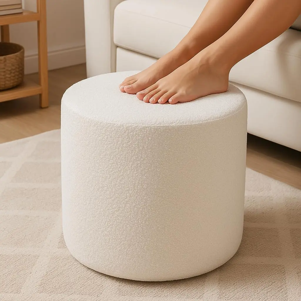 White Round Ottoman Foot Rest Stool Clean Boucle Fabric Footstool with Soft Foam Filling Lightweight Modern Pouf for Minimalist Living Room Bedroom Office Pure White