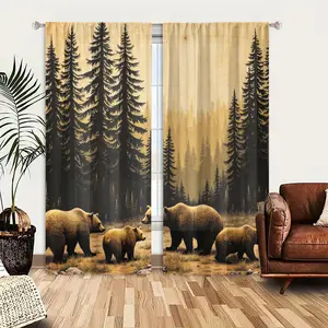 2D Flat 2Pcs Forest Bear Curtains Nature Woodland Themed Window Drapes Rustic Brown Family Design Treatment Rod Pocket Mountain Pine Trees Scenery Living Room Bedroom Kitchen Decoration Wildlife Animal Pattern Panels