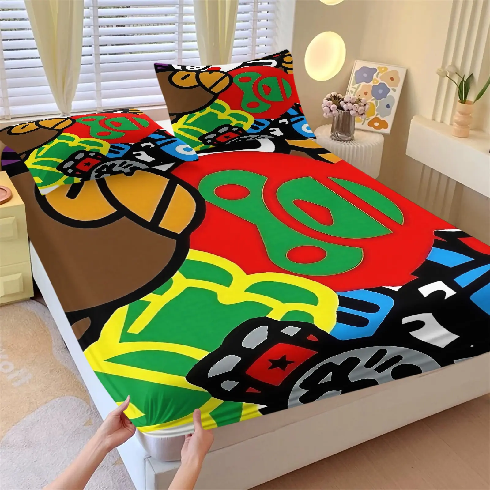 Multicolor Character Collage Fitted Sheet Set, 1 Fitted Sheet + 2 Pillowcases - 3 Piece Soft Breathable Deep Pocket Bedding, Streetwear Style Bed Sheets, Cartoon Printed Bedding for Bedroom Decor, Full Size, Decorative Bedsheet Sets