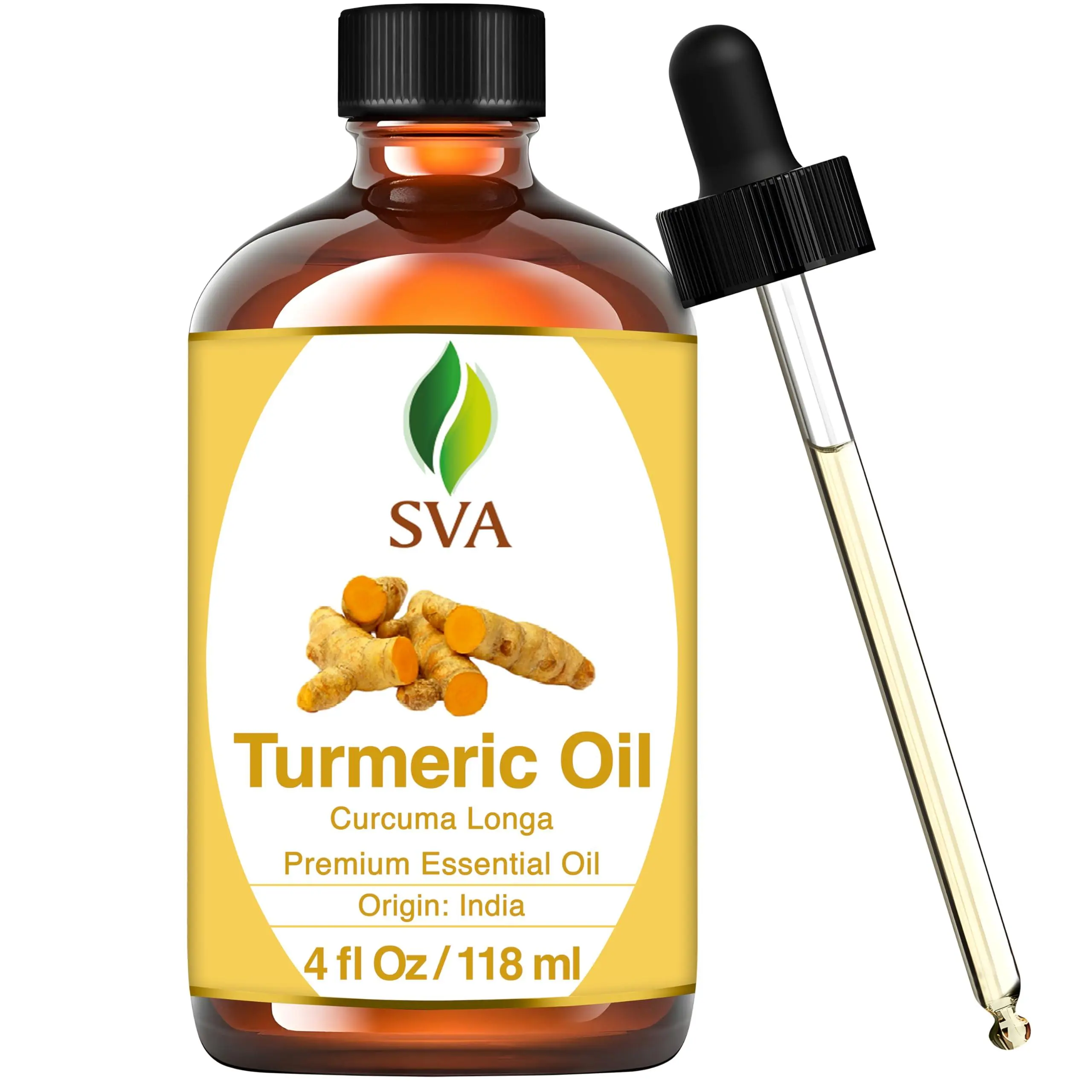 SVA 100% Natural Pure Turmeric Essential Oil - 4 Fl Oz with Dropper, Scented Multi-Use Oil for Aromatherapy, Body Care, Diffusers (Cosmetic, Massage Use)