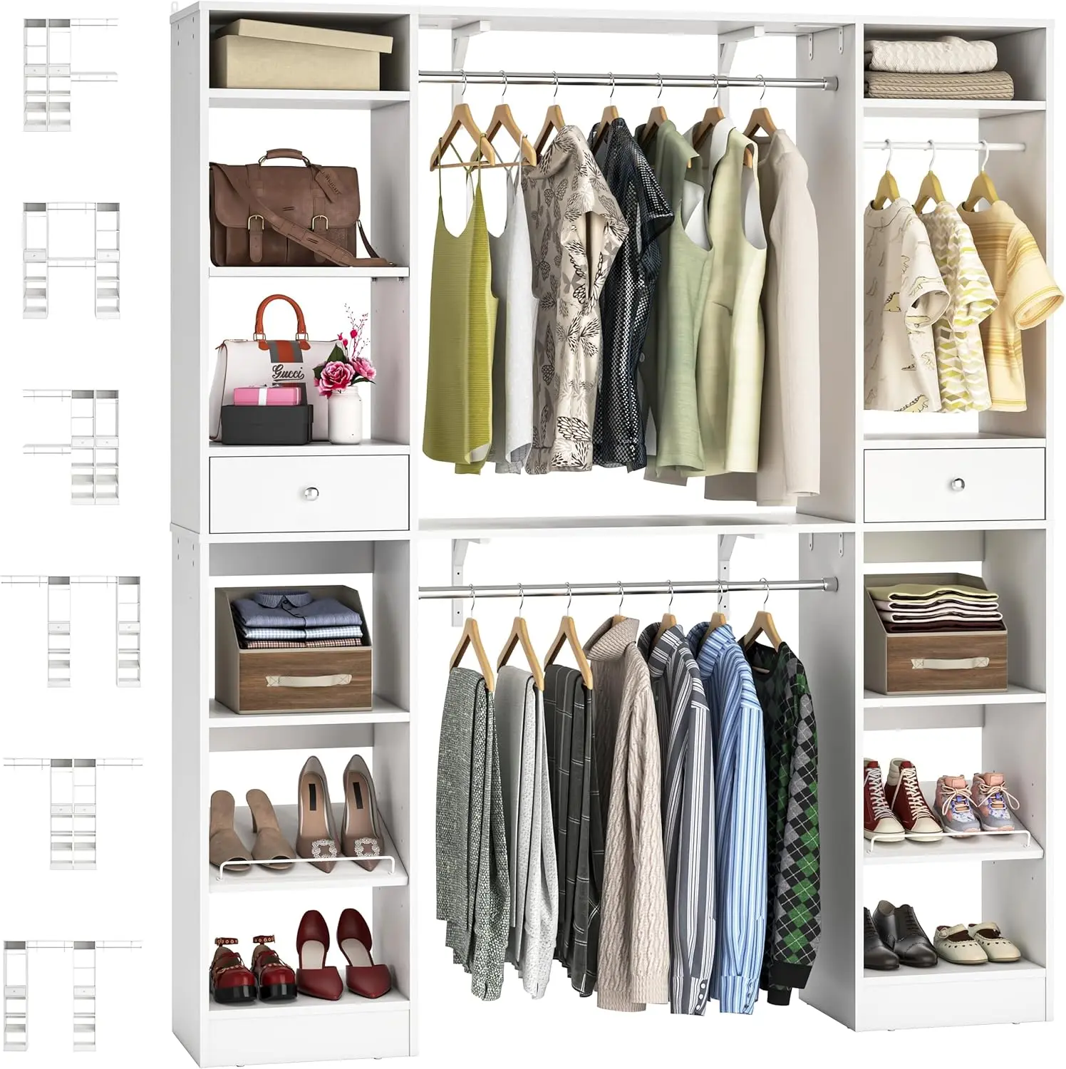 Unikito 58" W - 90" W Closet System, Large Walk in Closet Organizer with 3 Hanging Rods and Shelves, Heavy Duty Wood Closets Wardrobe with 2 Drawer & Shoe Rack, Sturdy Reversible Clothing Racks