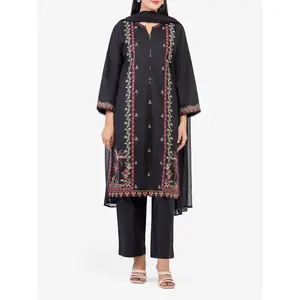 Edenrobe Black Embroidered 3-Piece Dobby Suit