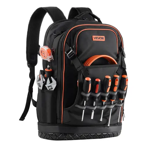 VEVOR Heavy-Duty Tool Bag - Oxford Fabric, 5.8lb, Reflective Strips, Padded Strain-Reducing Straps, Multi-Pocket Organizer, Laptop Compartment, Molded Base for Electricians & Construction (High Capacity, Industrial, Proven Durability), Multi-Pocket Tool B