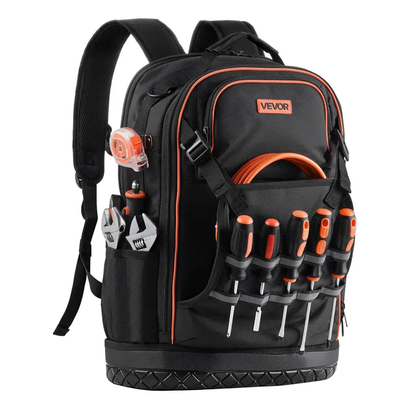 VEVOR Heavy-Duty Tool Bag - Oxford Fabric, 5.8lb, Reflective Strips, Padded Strain-Reducing Straps, Multi-Pocket Organizer, Laptop Compartment, Molded Base for Electricians & Construction (High Capacity, Industrial, Proven Durability), Multi-Pocket Tool B