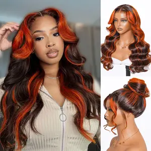 Salon Layer Cut Ginger Highlights On Brown Hair 360 Lace Frontal Invisi Strap Skin Lace InvisiDrawstring Snug Fit Body Wave Human Hair Wig