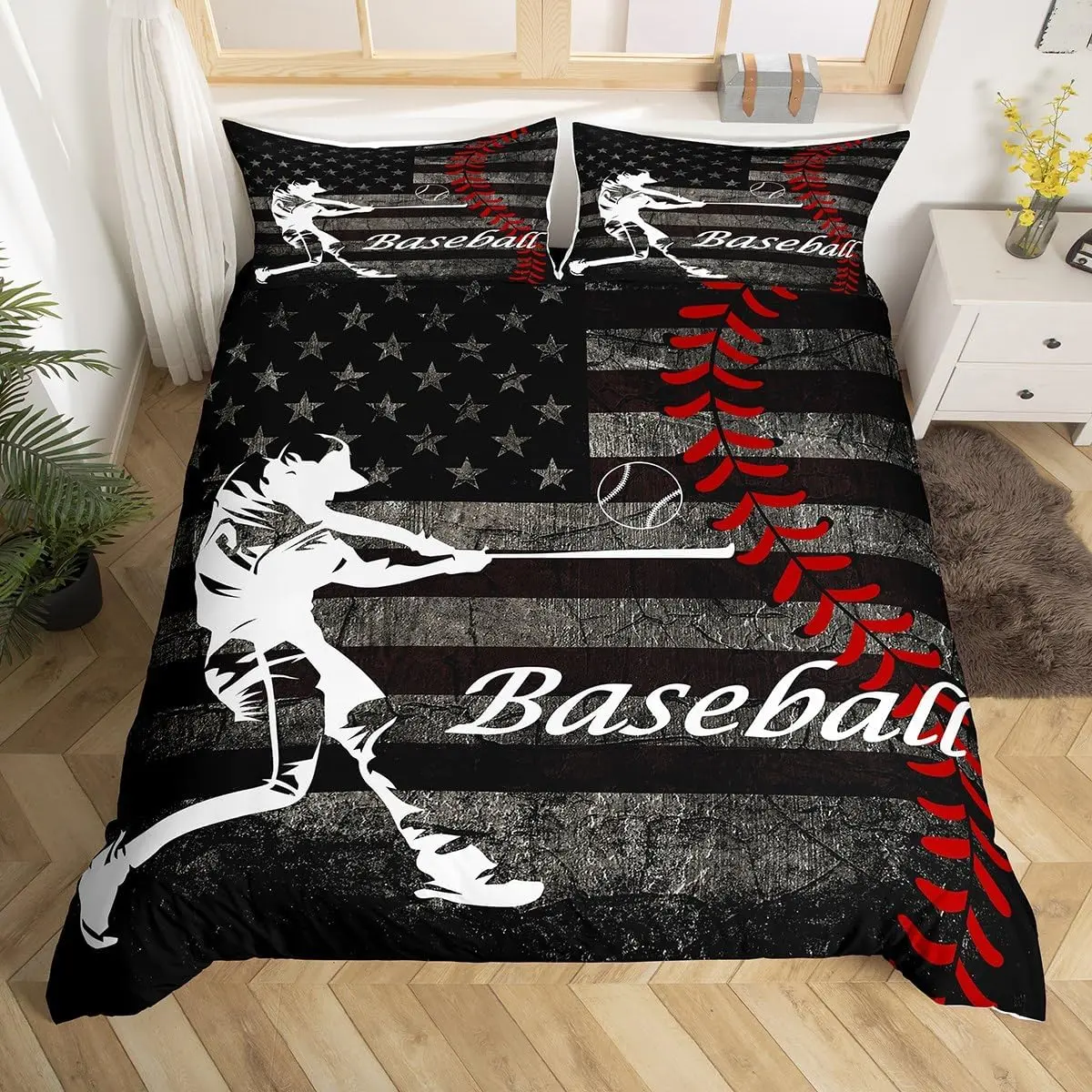 Feelyou Vintage American Flag Baseball Duvet Cover Set - Breathable Microfiber Bedroom Bedding Set, Decorative Sports Theme Quilt Cover, Grunge Stripes USA Flag Print for Adults (No Comforter), Breathable Duvet Set